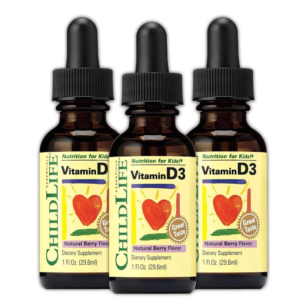 CHILDLIFE ESSENTIALS Vitamin D3 Drops for Kids, Children, & Toddlers - Liquid Vitamin D Drops, 500 IU per Drop, Immune & Bone Health Support, Natural Berry - 1 Fl Oz (Pack of 3)