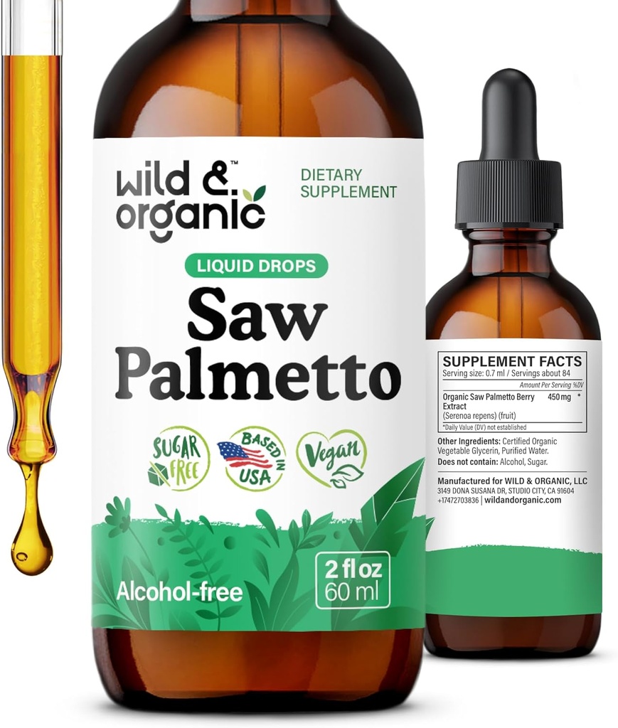 Wild & Organic Saw Palmetto Extract Drops - Urinary Support - Saw Palmetto for Men & Women - Liquid Serenoa Repens Berries Supplement - Vegan, Sugar & Alcohol-Free - 2 fl oz