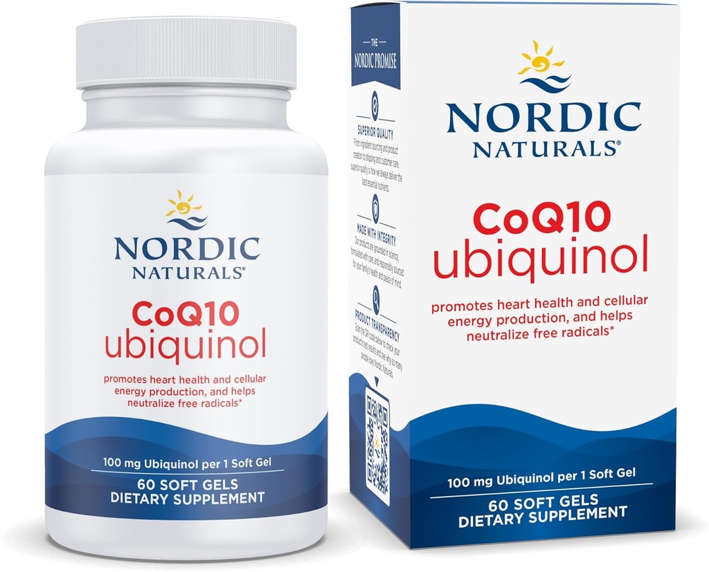 Nordic Naturals Nordic CoQ10 Ubiquinol - 60 Mini Soft Gels - 100 mg Coenzyme Q10 (CoQ10) Ubiquinol - Heart & Brain Health, Cellular Energy Production, Antioxidant Support - Non-GMO - 60 Servings