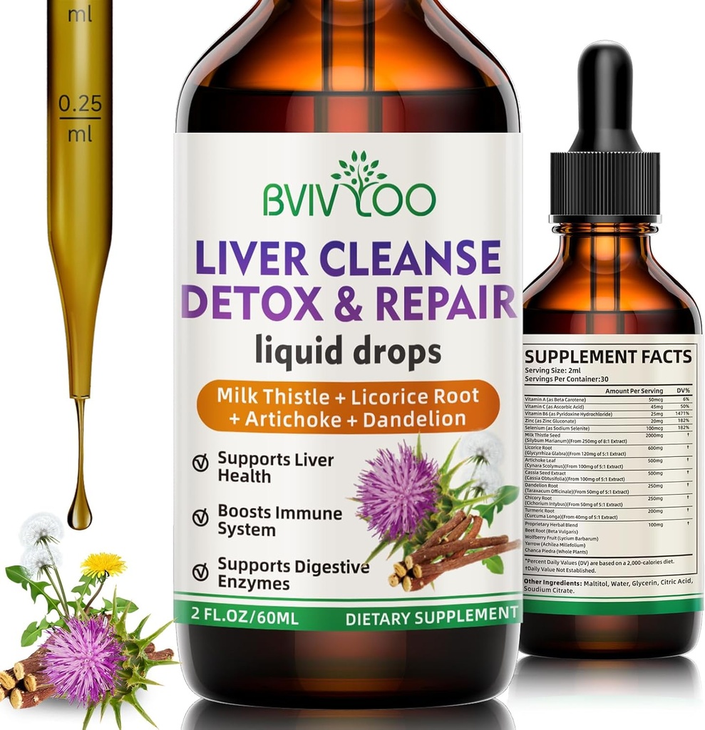Liver Cleanse Detox & Repair Liquid Drops - 2000mg Milk Thistle, Dandelion Root, Artichoke, Silymarin Extract, & Turmeric Herbs - Vegan, Non-GMO - 2 Fl Oz (60ml) Bottle