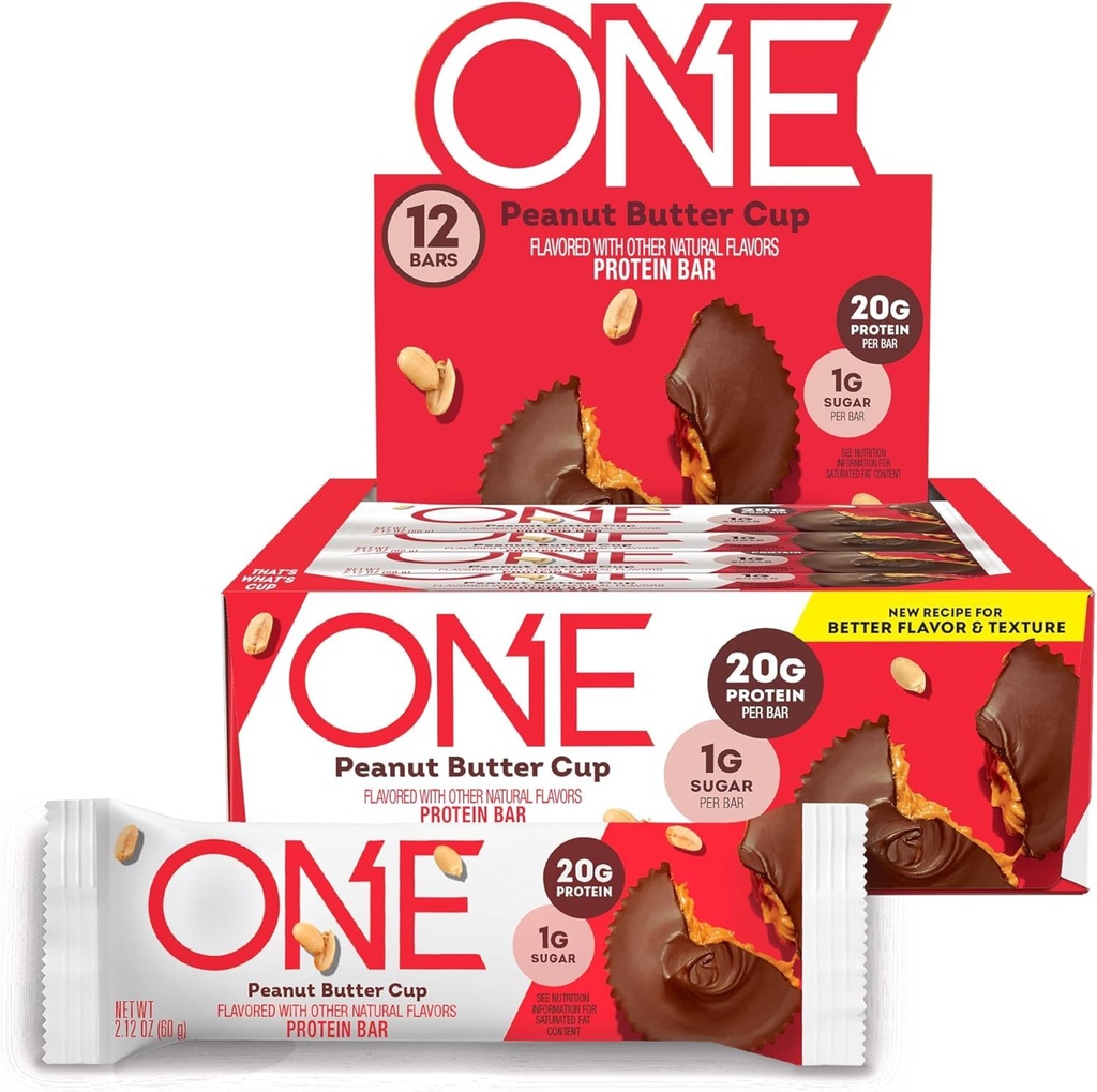 ONE Protein Bars, Peanut Butter Cup, Gluten Free with 20g Protein and 1g Sugar, Pantry Staples, 2.12 oz (12 Count)