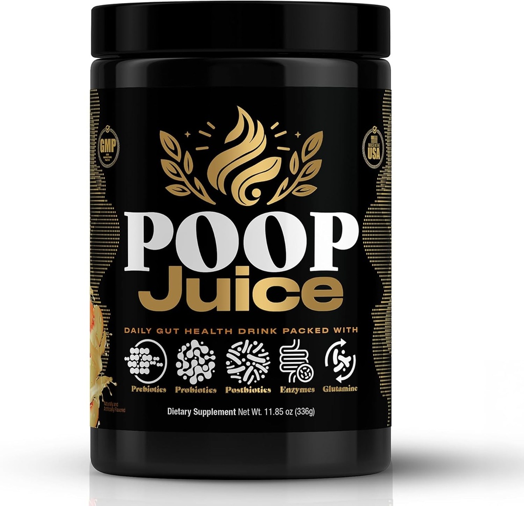 Poop Juice 5-in-1 Prebiotic, Probiotic, Postbiotic, Digestive Enzymes & Glutamine Supplement Powder - Bloat Relief, Gut & Immune Support - Sugar & Lactose-Free - 30 Servings (Georgia Peach Mango)