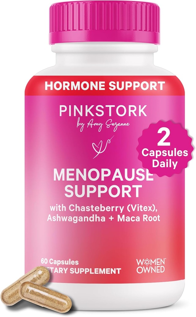 Pink Stork Menopause Support for Women - Hot Flash, Mood, Sleep, Weight, Cortisol & Hormonal Balance - Vegan, Estrogen-Free Perimenopause Relief - Ashwagandha, Maca - 60 Capsules