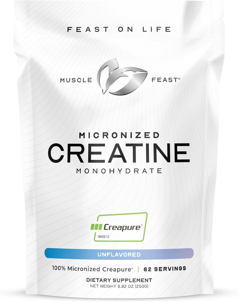 Muscle Feast Creapure - Micronized Creatine Monohydrate Powder | Premium Pre-Workout or Post-Workout | Creatine for Women & Men | Easy to Mix, Vegan, Gluten-Free, Safe and Pure (Unflavored, 250g)