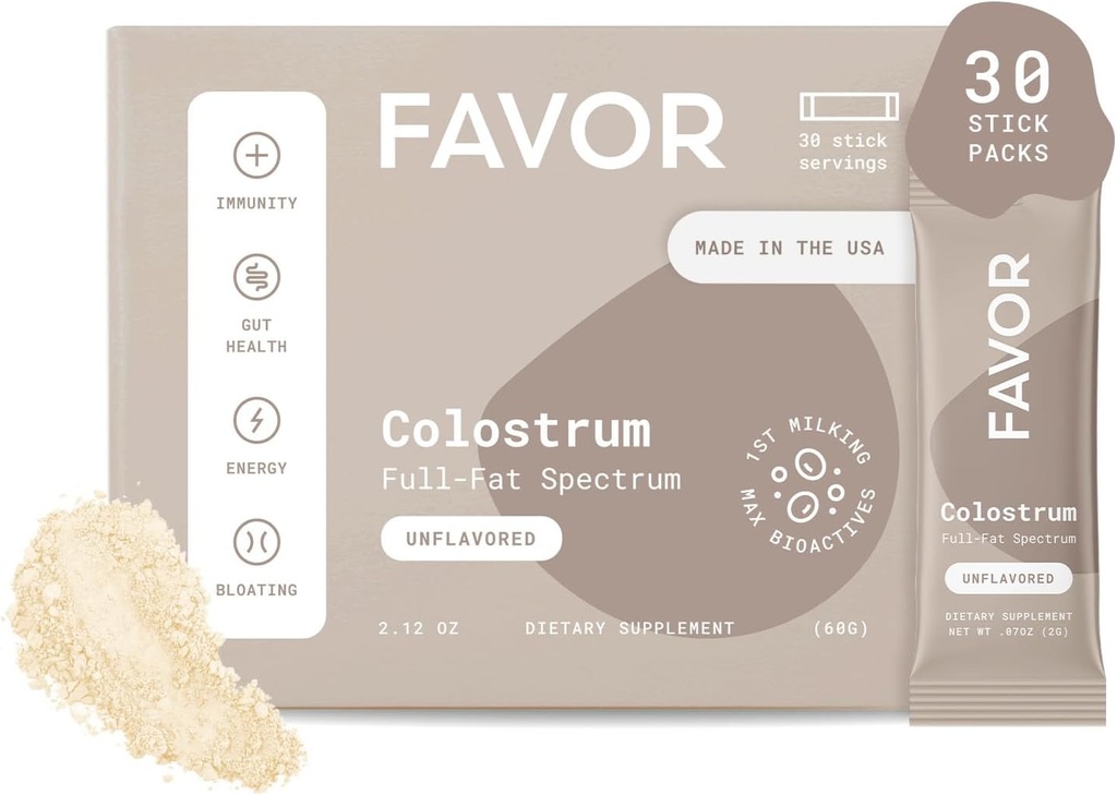 Favor Bovine Colostrum Packets | Liposomal and Whole | Holistic Human Health | Perfect for Travel | First Milking | Naturally High IgG | Ethically Made in The USA | Easy to Mix [Unflavored]
