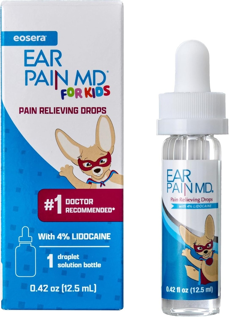 Eosera® Ear Pain MD® for Kids - Maximum Strength Earache Relief Drops with Lidocaine - Doctor Recommended Ear Medicine for Children, Babies & Toddlers 2+ - Fast-Acting Ear Drop Pain Reliever - 12.5mL