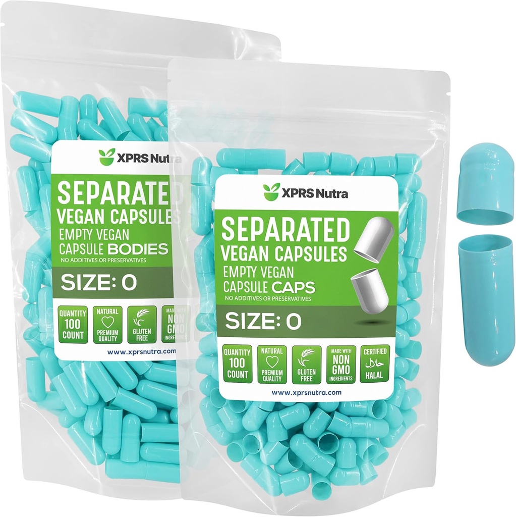 XPRS Nutra Vegan Size 0 Separated Capsules - 100 Count Premium Empty Capsules Separated in Bags - 0 Pills for DIY Supplement Filling (Aqua)