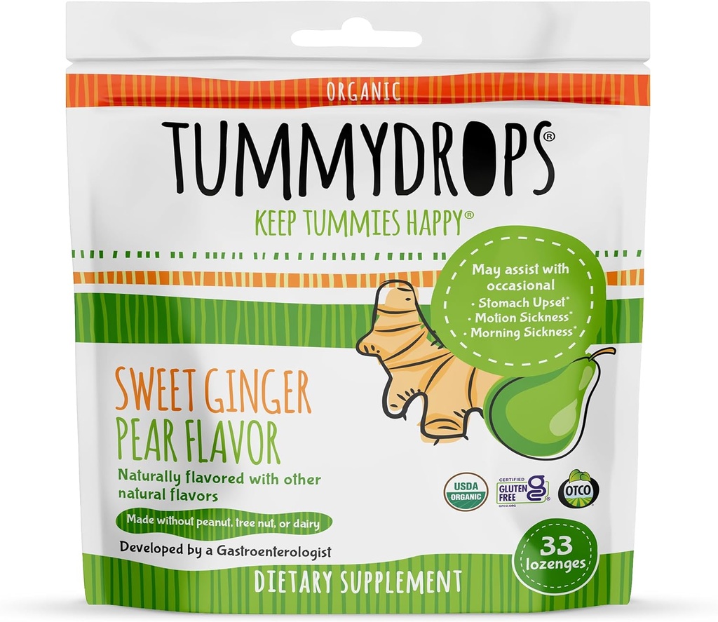 USDA Organic Sweet Ginger Pear Tummydrops, Gluten Free & Vegan. 33 Individually Wrapped Organic Ginger Lozenges in a Resealable Bag.