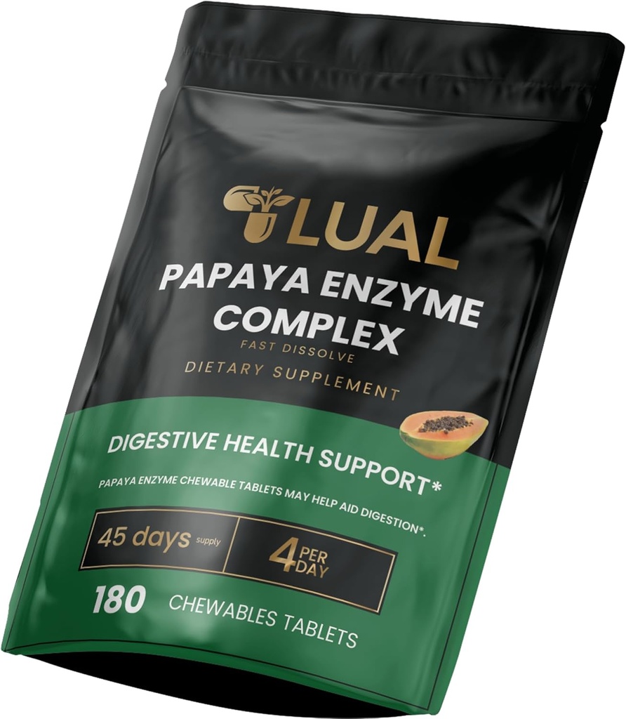 LUAL Papaya Enzyme Complex – Chewable Tablets with Papain, Bromelain & Digestive Enzymes – Supports Digestion & Nutrient Absorption – Natural Papaya Flavor – 180 Count