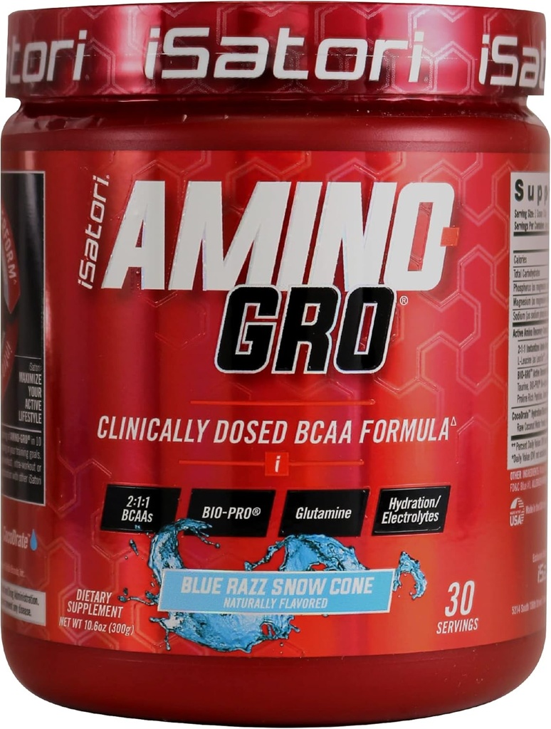 iSatori Amino-GRO BCAA Powder, Branched Chain Amino Acids with Glutamine, Electrolyte Powder & Bio-GRO Bio-Active Peptides for Muscle Growth & Post Workout Recovery, Blue Razz Snow Cone (30 Servings)
