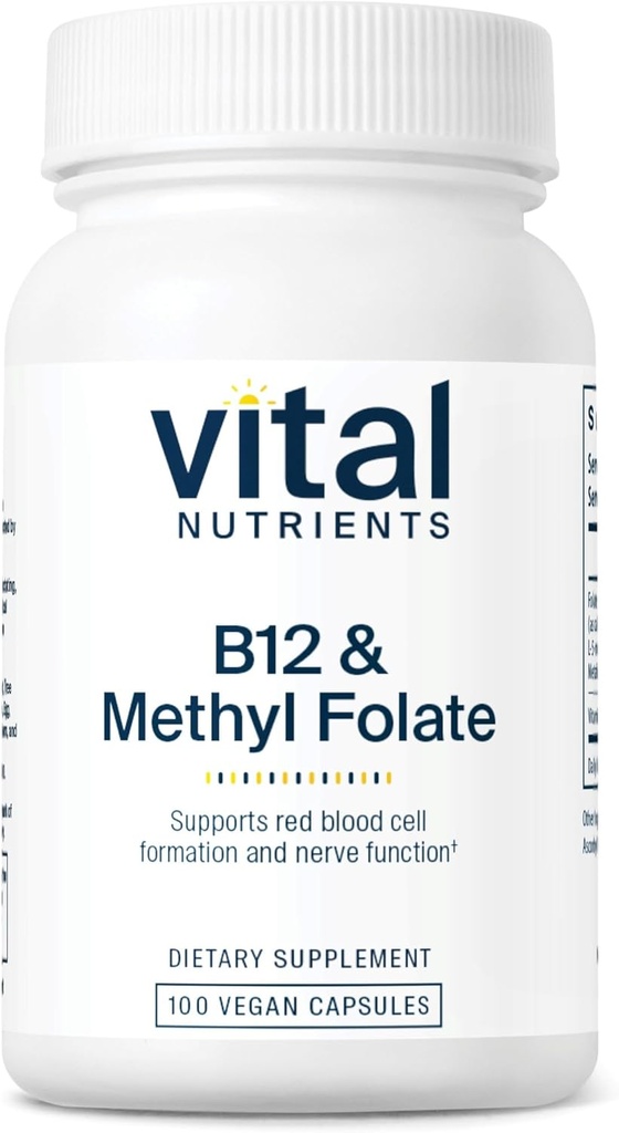Vital Nutrients Vitamin B12 & Methyl Folate | Vegan Methylated Folate & B12 Supplement | 5-MTHF Plus B12 Supports Nervous System & Metabolism* | Gluten, Dairy, Soy Free | 100 Capsules