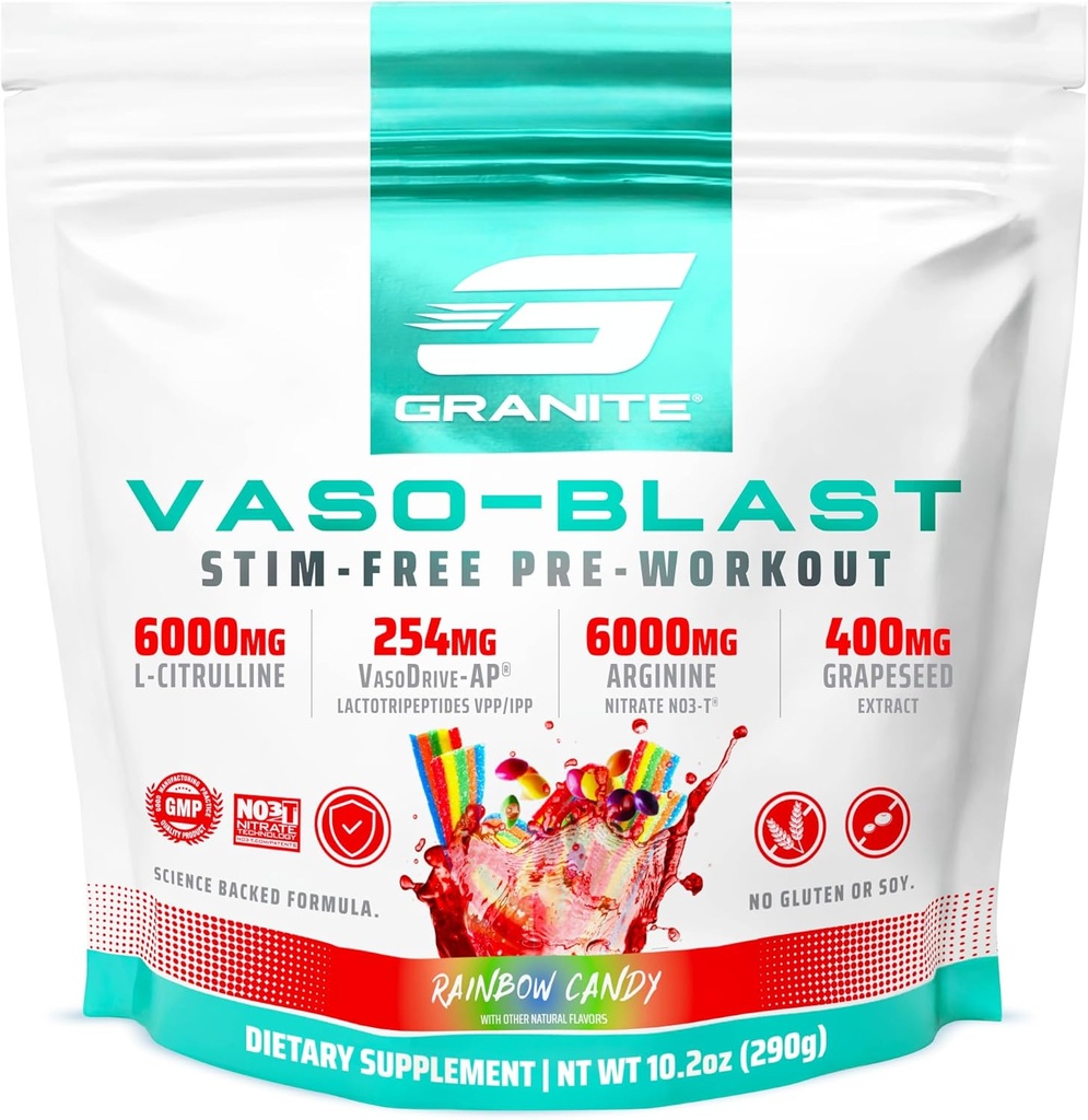 Granite Supplements Vaso Blast, Rainbow Candy Flavor, Stimulant-Free Pre Workout for Men & Women with Grapeseed Extract, Arginine Nitrite, & VasoDrive-AP for Max Pump (20 Servings)