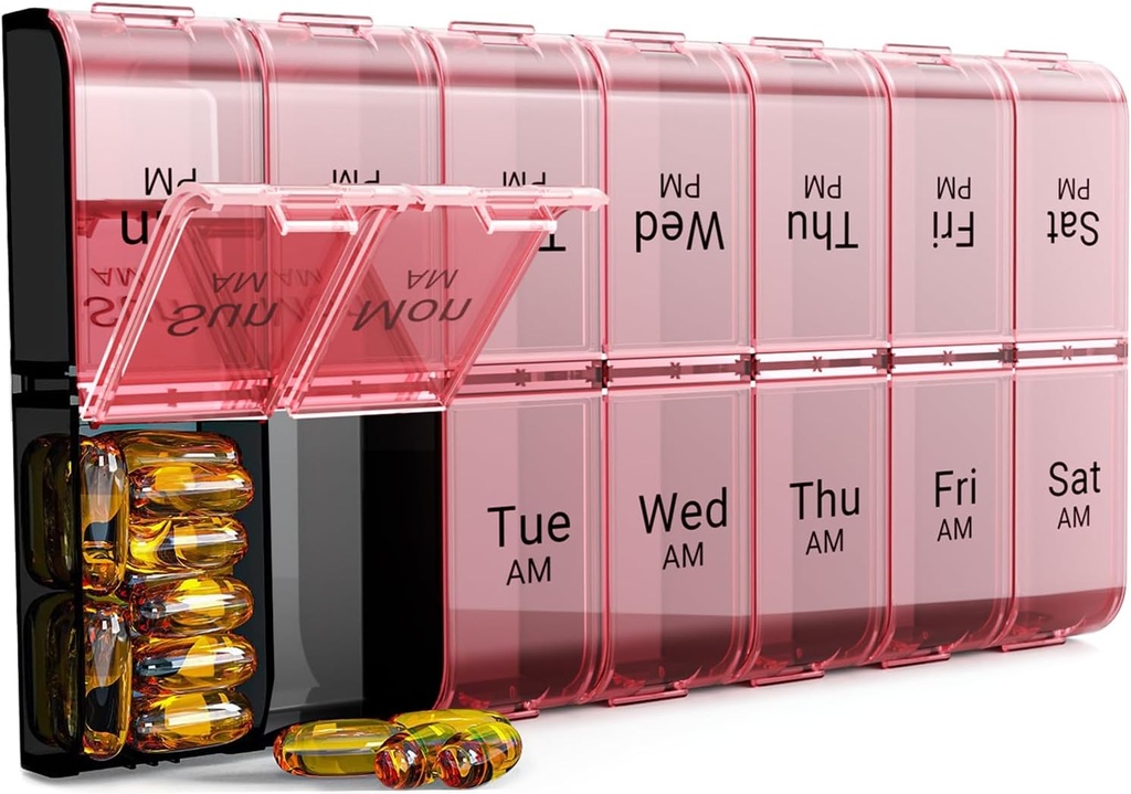COLORWING AM PM Extra Large Pill Organizer, XL 7 Day Pill Organizer 2 Times a Day, Weekly Daily Pill Case, Day Night Oversized Medicine Box, Vitamin Holder, Big Pill Container (Pink)