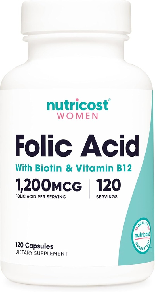 Nutricost Folic Acid for Women (Vitamin B9) 1200 mcg, 120 Capsules, with B12 and Biotin, Veggie Caps, Non-GMO & Gluten Free