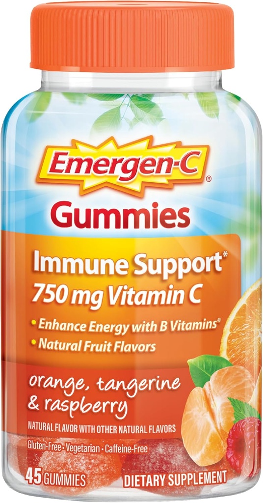 Emergen-C 750mg Vitamin C Gummies for Adults, Immunity Gummies with B Vitamins, Gluten Free, Orange, Tangerine and Raspberry Flavors - 45 Count