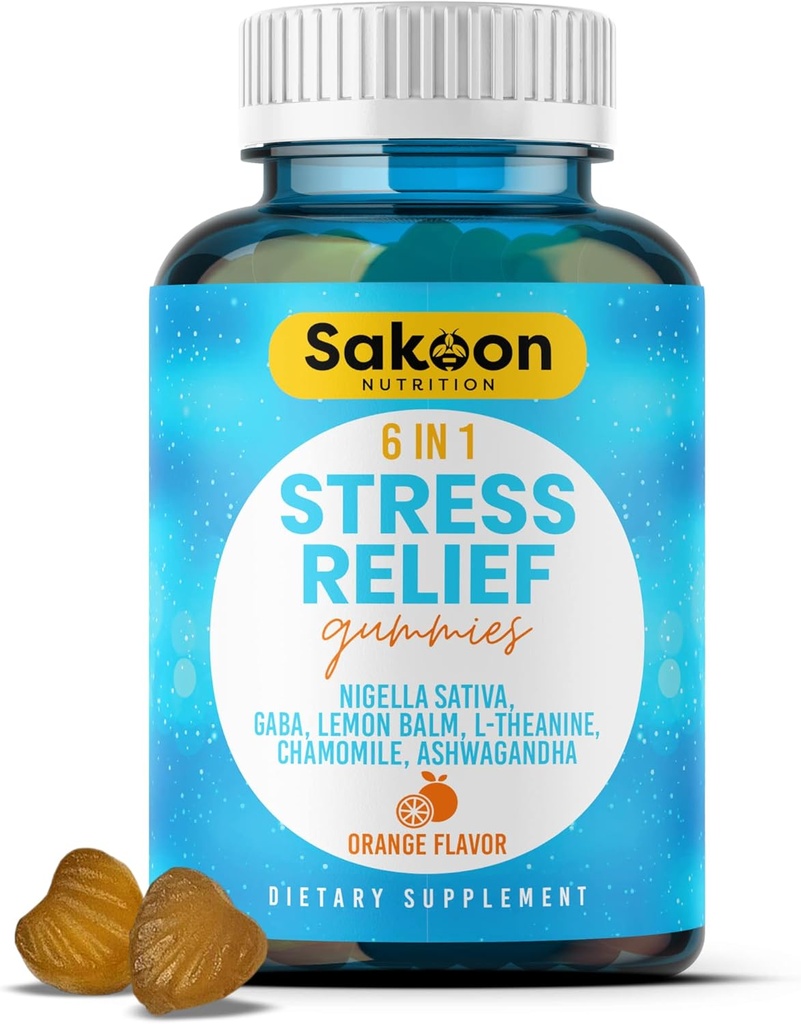 6-in-1 Stress Relief Gummies 60ct - Aids Relaxation with Ashwagandha, GABA, L-theanine, Lemon Balm, Chamomile, Black Cumin Seed Nigella Sativa. Improved Deep Sleep, Joint Support - 60 gummies