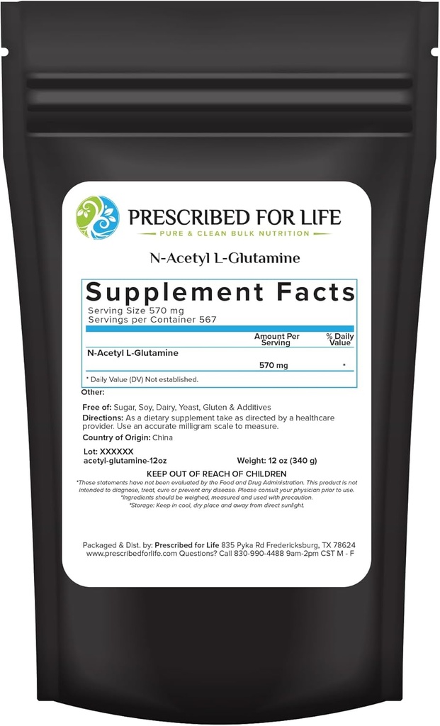 Prescribed For Life N Acetyl L Glutamine Powder, Pure L Glutamine Amino Acids Supplement (12oz / 340g)