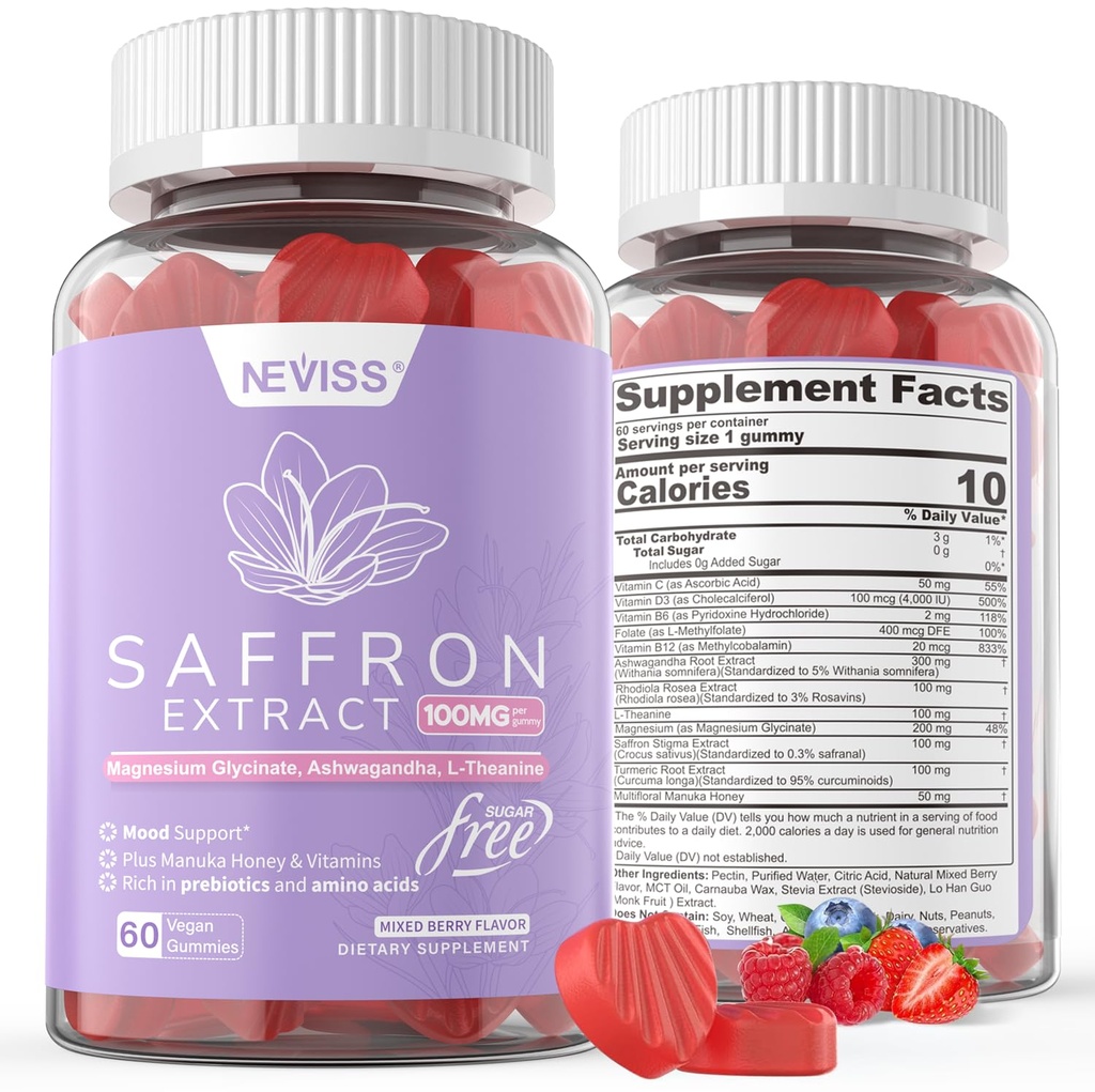 Saffron Supplements Gummies 100mg - 100% Pure Saffron Extract With Magnesium Glycinate, L-Theanine, Turmeric, Ashwagandha, Honey & Vitamin B Complex for Mood & Power, Antioxidant, Vitality - 120 Count
