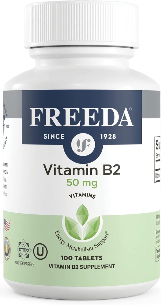 Freeda Vitamin B2 Riboflavin 50mg – Energy & Nervous System Support – Kosher, Vegan, Gluten-Free B2 Supplement for Brain & Metabolism – (100 Ct)