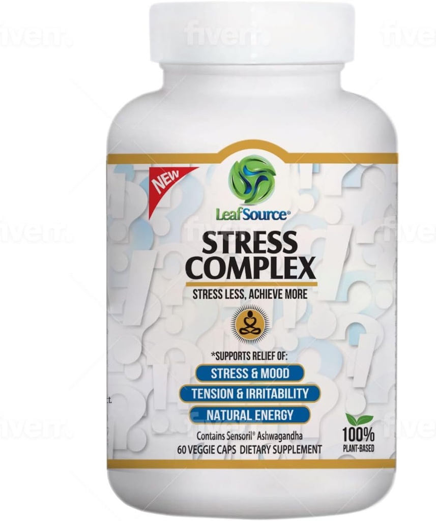 LEAFSOURCE Stress Complex – Natural Stress Relief & Energy Boost - Advanced Ashwagandha Sensirol® - Reduces Irritability, Enhances Focus, Calm & Sleep - Fatigue Fighting - 60 Capsules