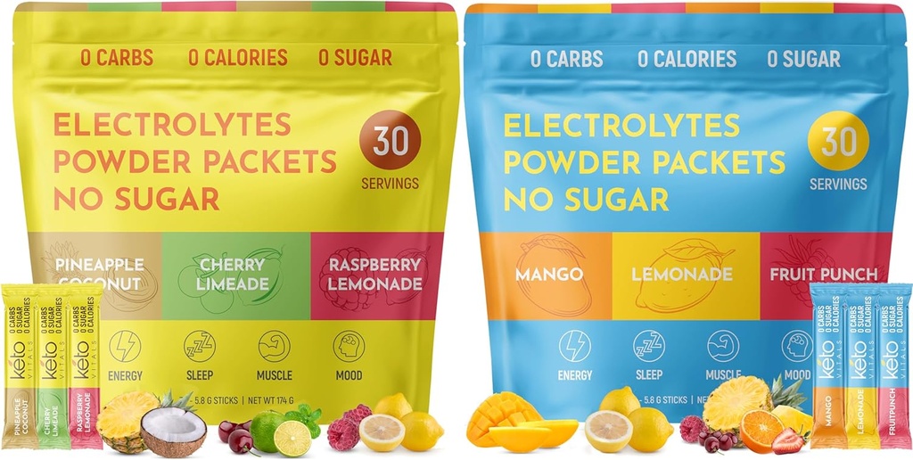 Keto Vitals Tropical & Original Assorted 2 Pack Bundle Electrolyte Powder Bundle - Variety Pack of Tropical and Original Flavors | Sugar Free, Zero Calorie, Zero Carb | Easy Travel Stick Packs | Ket