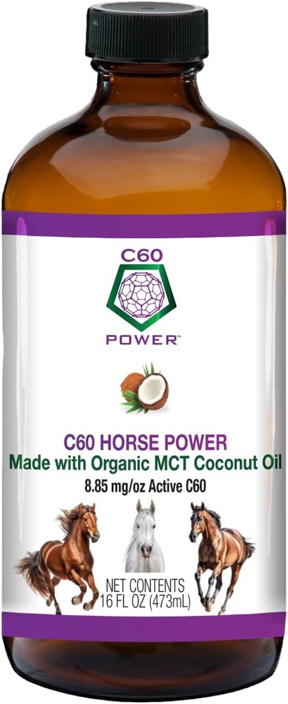 C60 Horse Power - C60 in Organic MCT Coconut Oil, Natural Wellness Support for Horses, 99.99% Pure Carbon Fullerenes, Promotes Healthy Aging, Energy, & Mobility - 16 fl oz Bottle