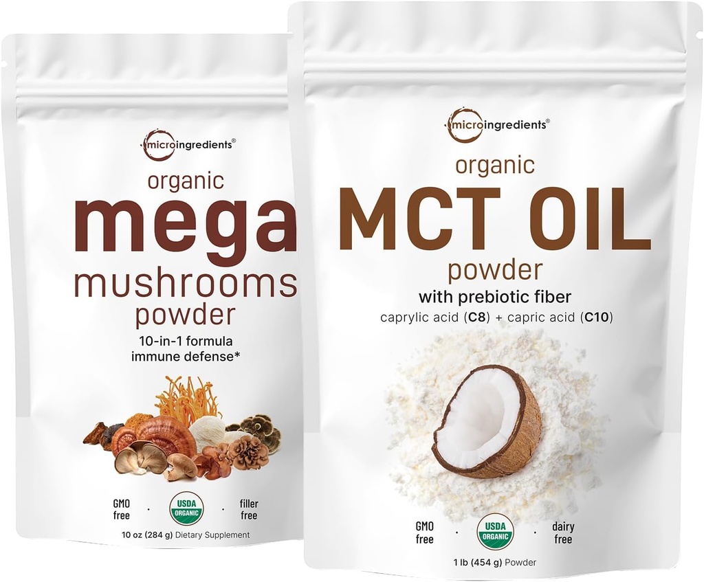 Micro Ingredients Organic Mega Mushroom Powder 10oz & Organic MCT Oil Powder 1lb Bundle 2 Pack | 10 in 1 Mushroom Complex | C8 MCT Oil, Plant Based Creamer
