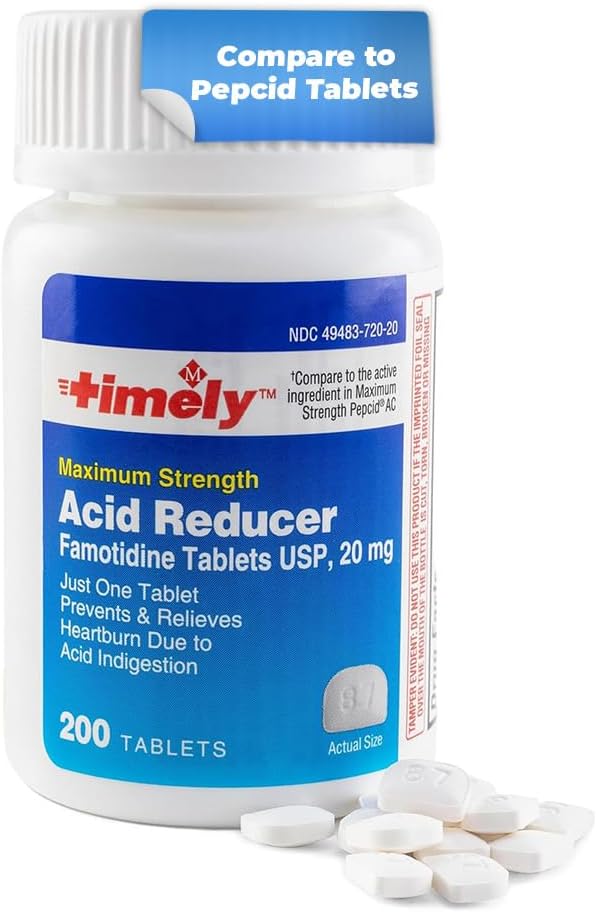 Timely Acid Reducer Famotidine 20mg - Anatcid Acid Reflux Medicine for Heartburn Relief and Acid Indigestion Symptoms - 200 Tablets