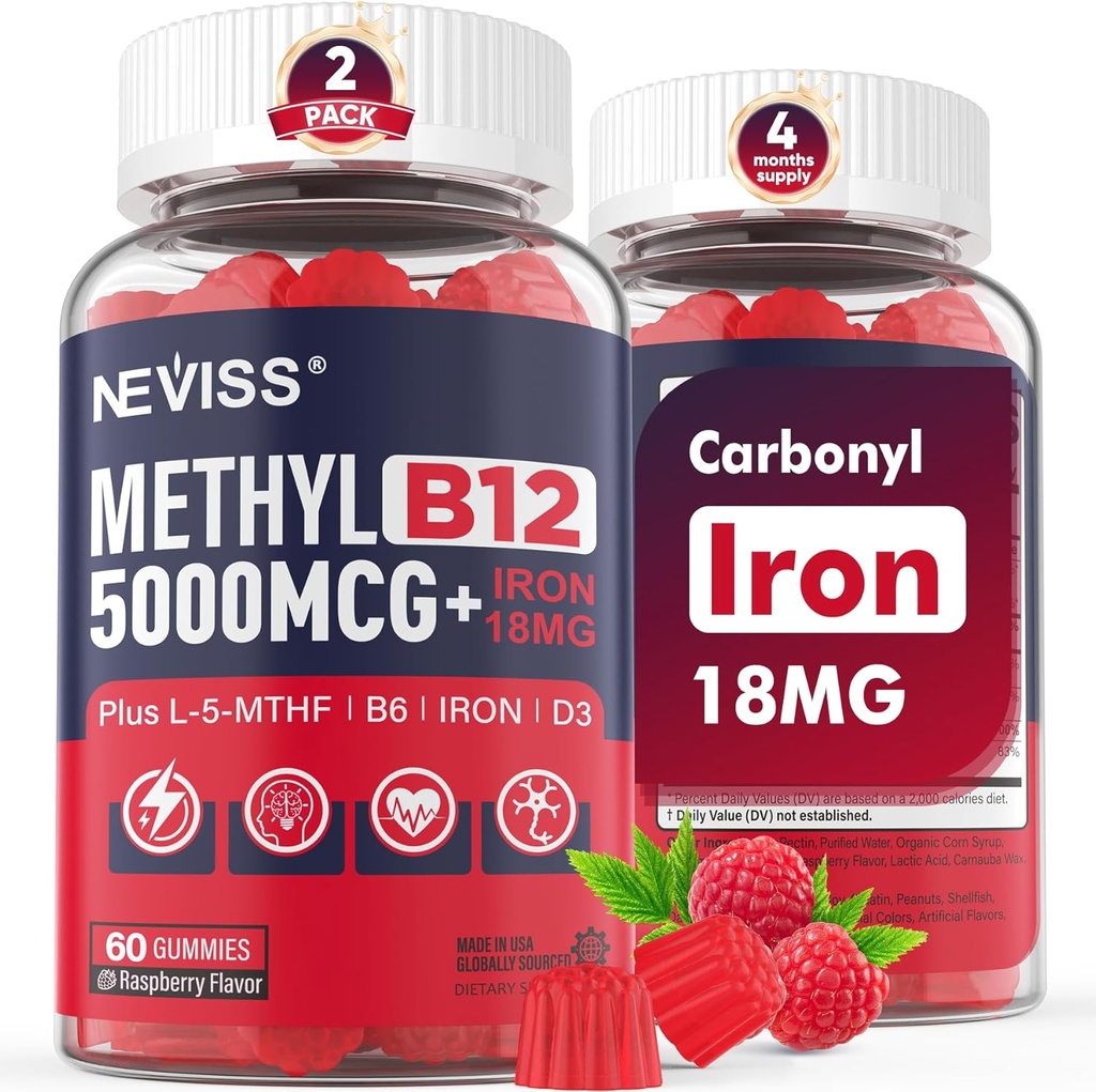 NEVISS Methyl B12 Vitamins 5000 mcg Gummies + Iron 18 mg for Women - Active Methylcobalamin Methylated B12 Vitamin Supplement w/L-MethylFolate, B6 (P5P) & D3 for Energy & Focus Support, 120 Servings