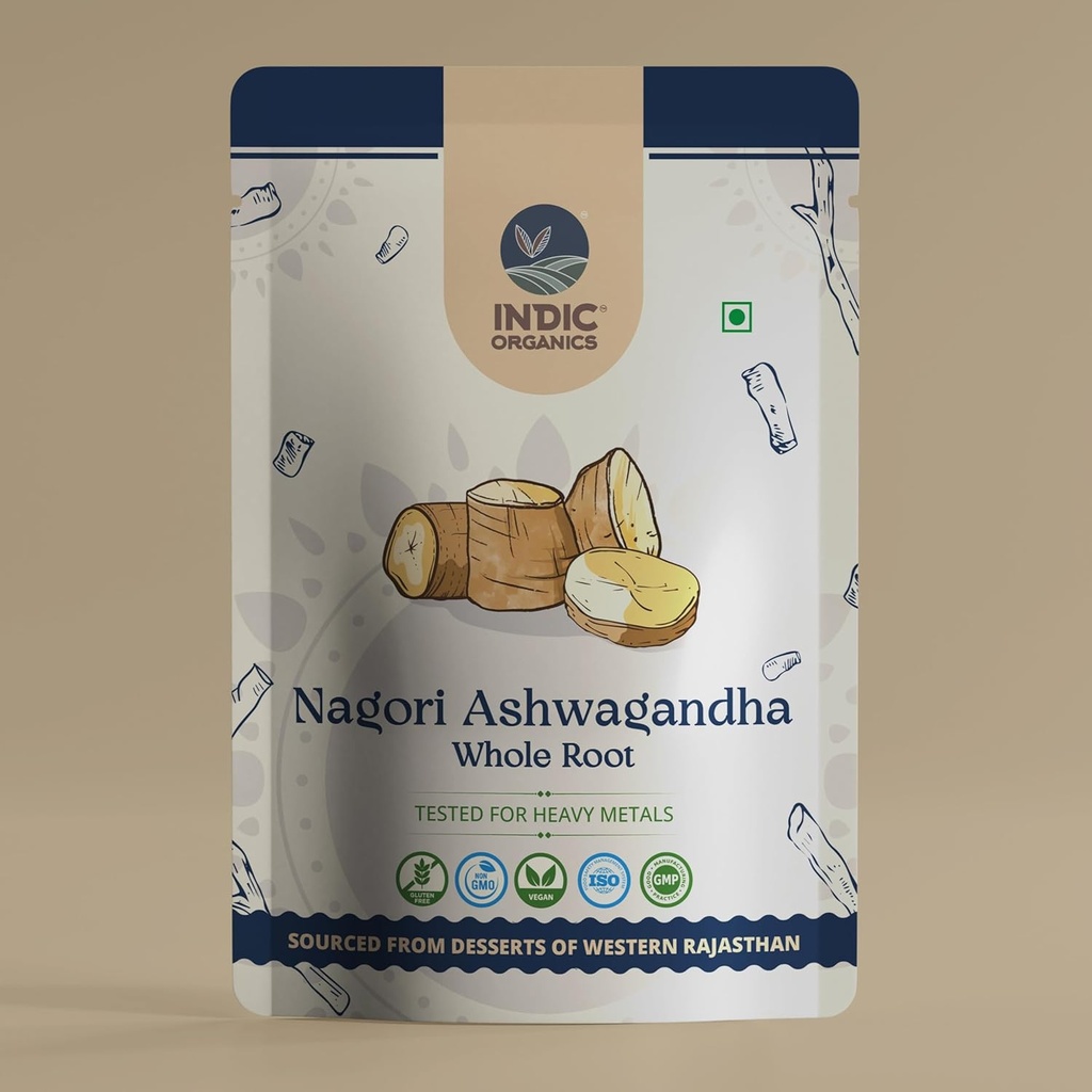 INDIC ORGANICS Nagori Ashwagandha Root | Ancient Vedic-Era Strain with High Potency | Tested for Heavy Metals | Non-GMO | Sourced from Deserts of Western Rajasthan, India (Whole Root, 250 Grams)