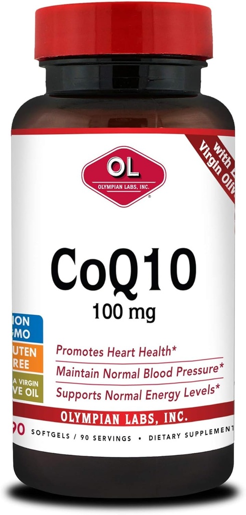 Olympian Labs Coenzyme Q10 100mg Softgels formulated with Extra Virgin Olive Oil, Heart Health Support, Cell Protection from Free Radicals