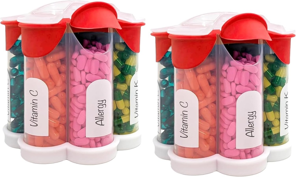 Extra Large Pill Organizer Daily, Weekly, Monthly Supplement Bottle, Cute Blossom Pill Dispenser with 7 XL Compartments (2 Pack Combo) (Red 2 Pack)