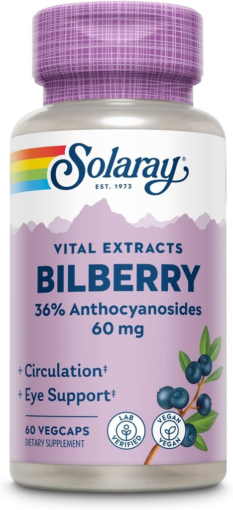 SOLARAY Bilberry Berry Extract 60 mg | Powerful Antioxidant | Healthy Vision & Circulation Support | 60 VegCaps