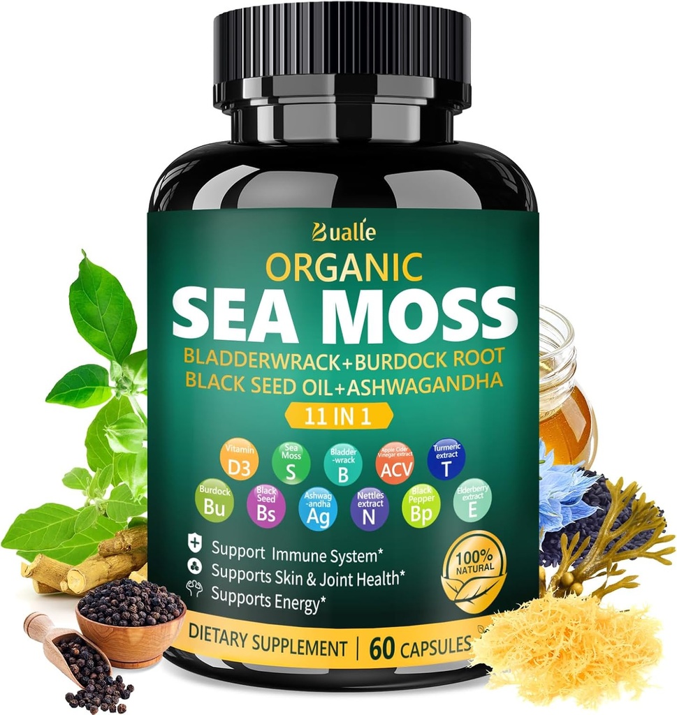 Bualle Organic Sea Moss Capsules with Black Seed Oil, Ashwagandha, Bladderwrack, Ginger & Burdock Root – Herbal Complex for Daily Wellness – 60 Capsules (1 Pack)