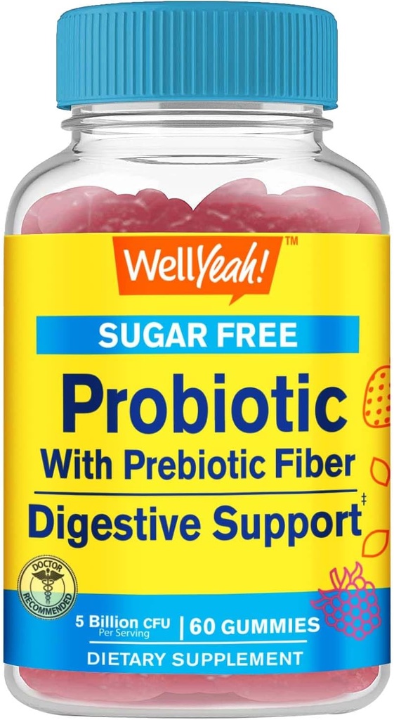 Sugar Free Probiotic with Prebiotic Gummies (5 Billion CFU) - Digestive Support, Gut Health, and Vaginal Support - Shelf Stable Probiotic Gummy, Prebiotics and Probiotics for Women and Men - 60 Count