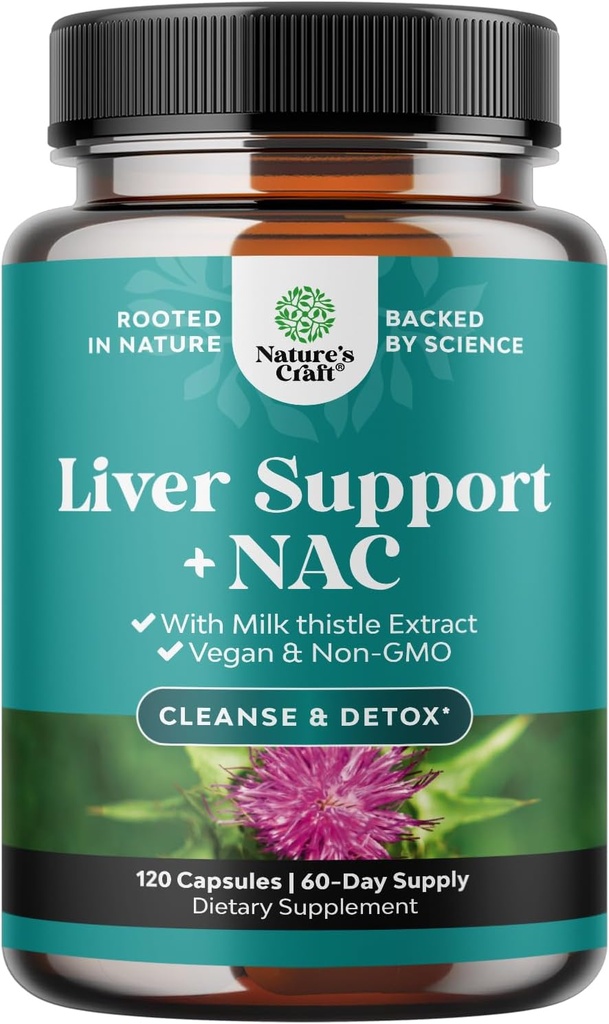 Liver Support NAC Supplement with Milk Thistle for Liver Cleanse Detox & Repair - N Acetyl Cysteine Supplement Liver Cleanse with Antioxidants, Turmeric, Choline, Dandelion & L-Glutathione - 120 Caps