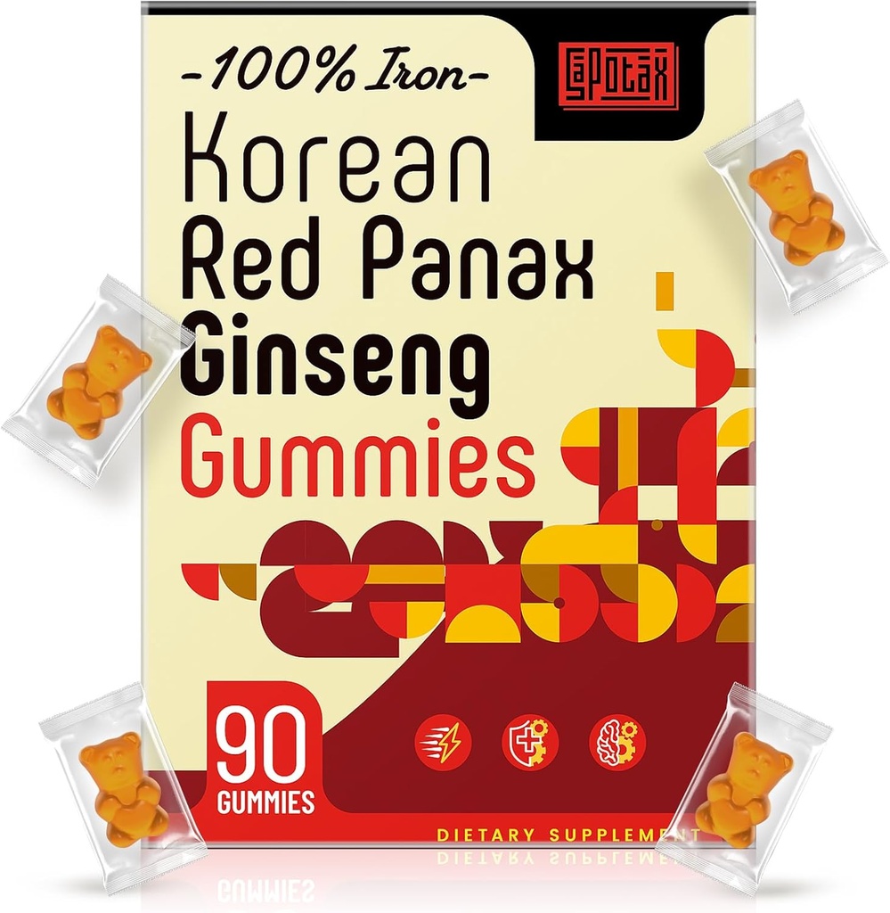 Korean Red Panax Ginseng Supplement Gummies - Iron Supplements for Women & Men - Iron Gummies with Vitamin C, B6, B12, Potassium & Magnesium, Vegan - 90 Count