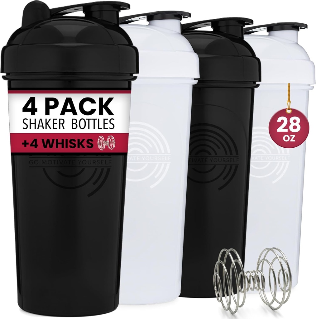 GOMOYO 4-Pack - 28 Ounce Protein Shaker Bottle for Mixes, 4xWire Whisk, Leak Proof Bulk Supplement Mixes and Pre-Workout Shaker Cups, Dishwasher Safe & BPA Free, Black & White