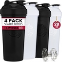 GOMOYO 4-Pack - 28 Ounce Protein Shaker Bottle for Mixes, 4xWire Whisk, Leak Proof Bulk Supplement Mixes and Pre-Workout Shaker Cups, Dishwasher Safe & BPA Free, Black & White