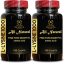 L-LYSINE 1000 mg Free Form Amino Acid Essential - Lip Health, Lysine Supplement L-Lysine 1000mg, Essential Amino Acid Supplement for Immune Support & Gum, Gluten Free - 2 Bottles 200 Counts