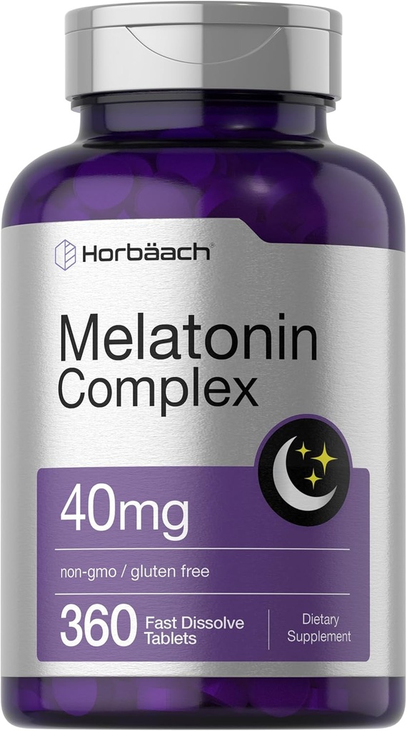 Horbäach Melatonin 40mg Complex | 360 Fast Dissolve Tablets | Adult Extra Strength Supplement | with Chamomile and Ashwagandha | Vegetarian, Non-GMO, Gluten Free
