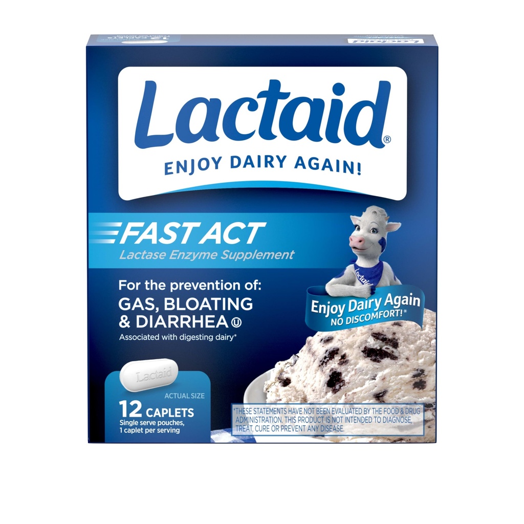 Lactaid Fast Act Lactose Intolerance Relief Caplets with Lactase Enzyme to Prevent Gas, Bloating & Diarrhea Due to Lactose Sensitivity, Ideal for Travel & On-The-Go, 12 Packs of 1-Count