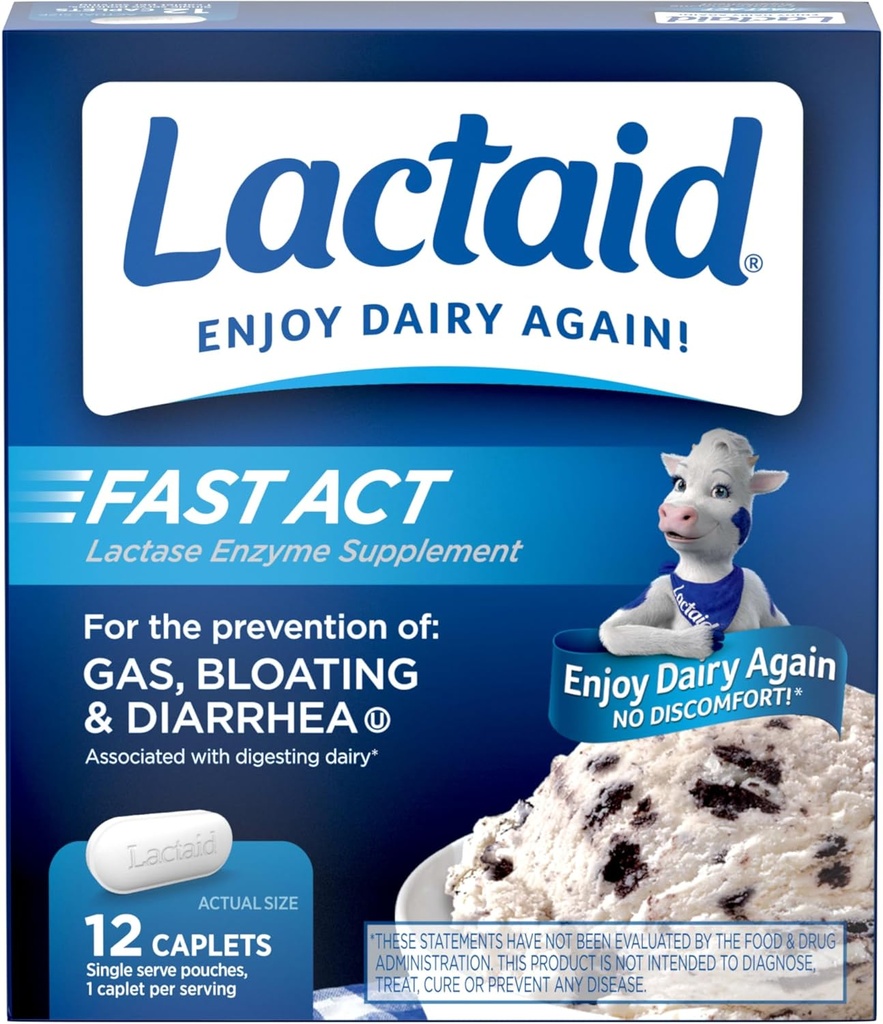 Lactaid Fast Act Lactose Intolerance Relief Caplets with Lactase Enzyme to Prevent Gas, Bloating & Diarrhea Due to Lactose Sensitivity, Ideal for Travel & On-The-Go, 12 Packs of 1-Count