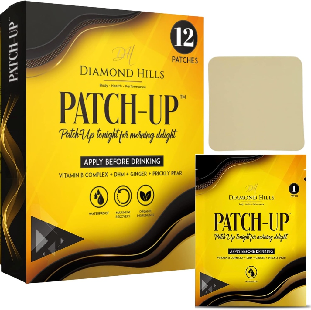 Diamond Hills Patch-Up 12pk Patches for Party Rebound, Adult Party Favors, Waterproof, Vitamin B, DHM, Ginger, Prickly Pear