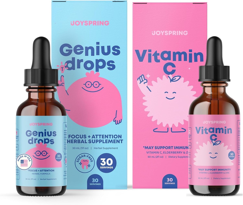 JoySpring Genius Drops & Vitamin C - School Backup Bundle | Kids Vitamins Naturally Sourced, Non-GMO, Non-Alcoholic Liquid Formula, Immunity Health Support | Vegan & Vegetarian Supplement Drops