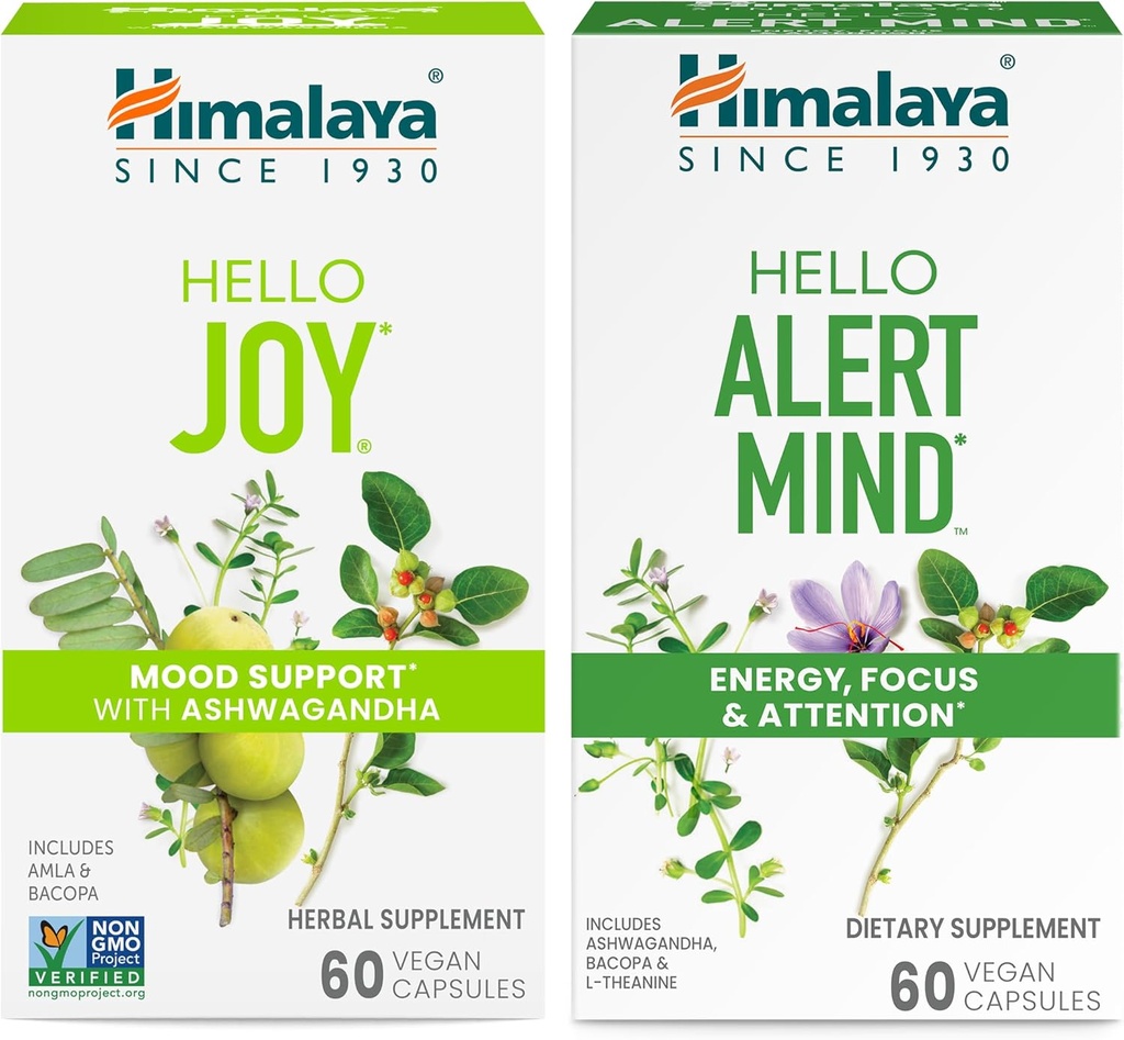 Himalaya Hello Joy with Ashwagandha for Improving Mood and Spirits & Himalaya Hello Alert Mind with Bacopa for Energy, Focus & Attention, Herbal Supplement, 60 Capsules Each