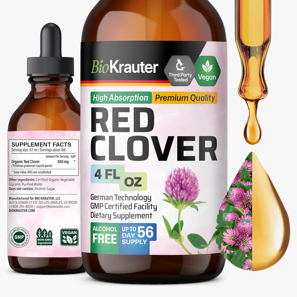 BIO KRAUTER Red Clover Tincture - Red Clover Extract - Liquid Supplement for Women's Support - Alcohol and Sugar Free - Vegan Drops 4 Fl.Oz.