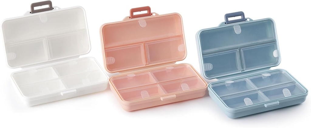 Portable Pill Case，Travel Pill Organizer，Daily Pill Organizer，7 Compartments， Pill Box for Purse Pocket to Hold Vitamins,Cod Liver Oil,Supplements and Medication-(White+Blue+Pink)