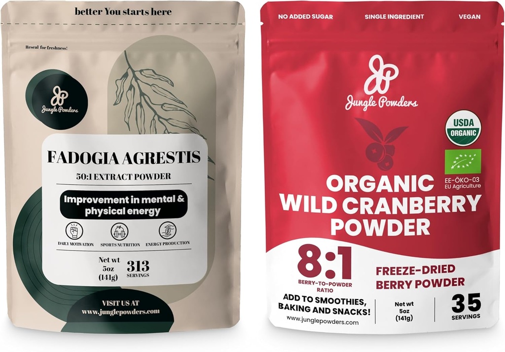 Jungle Powders Ultimate Men's Wellness Duo: 5oz Fadogia Agrestis Extract & 5oz Organic Wild Cranberry Powder - Nigerian Fadogia Supplement for Drive & Passion, USDA Certified Cranberry Superfood