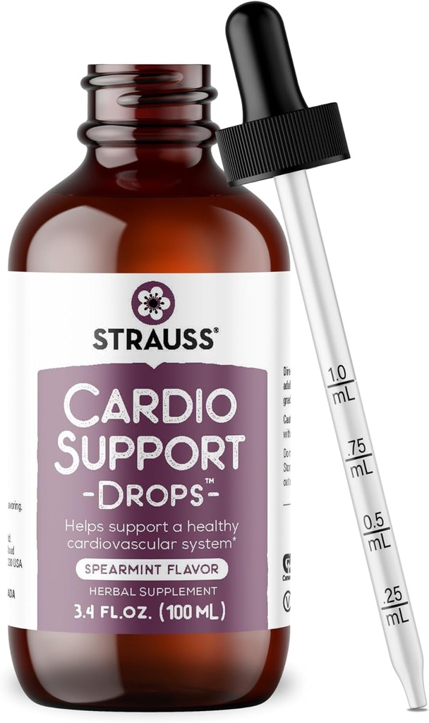 Strauss Naturals Cardio Support Drops – Natural Herbal Heart Health Supplement – Helps Maintain Healthy Cardiovascular System for Men and Women – Vegan & Non-GMO – Spearmint Flavored – 100 ml Bottle